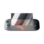 AYN-ODIN-2-PORTAL-SCREEN-PROTECTOR-DONE-01 AYN Odin 2 Portal handheld gaming console with a partially applied tempered glass screen protector, demonstrating its clarity and coverage for enhanced display protection.