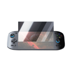 AYN Odin 2 Portal handheld gaming console with a partially applied tempered glass screen protector, demonstrating its clarity and coverage for enhanced display protection.