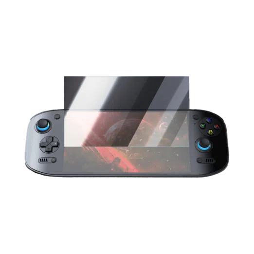 AYN Odin 2 Portal handheld gaming console with a partially applied tempered glass screen protector, demonstrating its clarity and coverage for enhanced display protection.
