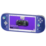 AYN-ODIN2-PORTAL-INDIGO-LISTING-IMAGE-DONE-1 A blue AYN Odin 2 Portal handheld gaming console running an emulator interface, showcasing PlayStation Portable (PSP) games. The interface features a purple background with a PSP console image, emphasizing the device's emulation capabilities.