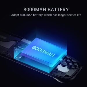 A digital visualization of the AYN Odin 2 Portal's 8000mAh battery, emphasizing its long-lasting power for extended gaming sessions.