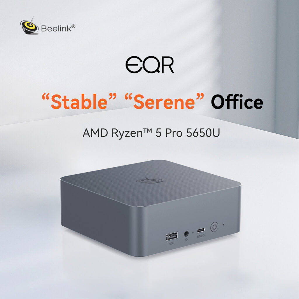 Beelink EQR5 1 A Beelink EQR5 mini PC sits on a clean white desk with a minimalistic background. The text highlights "Stable" and "Serene" office performance, powered by an AMD Ryzen™ 5 Pro 5650U processor.