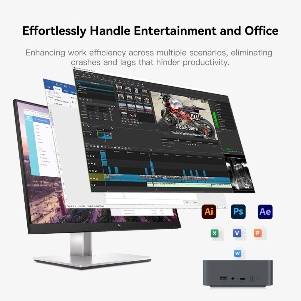 Beelink EQR5 5 A dual-monitor setup with multiple applications open, including Adobe software and office tools, showcasing the Beelink EQR5's ability to handle entertainment and office tasks efficiently.
