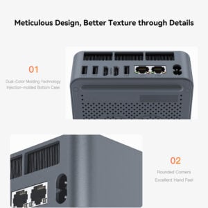 A close-up of the Beelink EQR5 showcasing dual-color molding technology, injection-molded bottom case, rounded corners, and a well-ventilated design for improved aesthetics and usability.