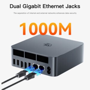 The back of the Beelink EQR5 with two Ethernet cables plugged in, emphasizing the 1000M dual Gigabit Ethernet jacks for network separation and security.