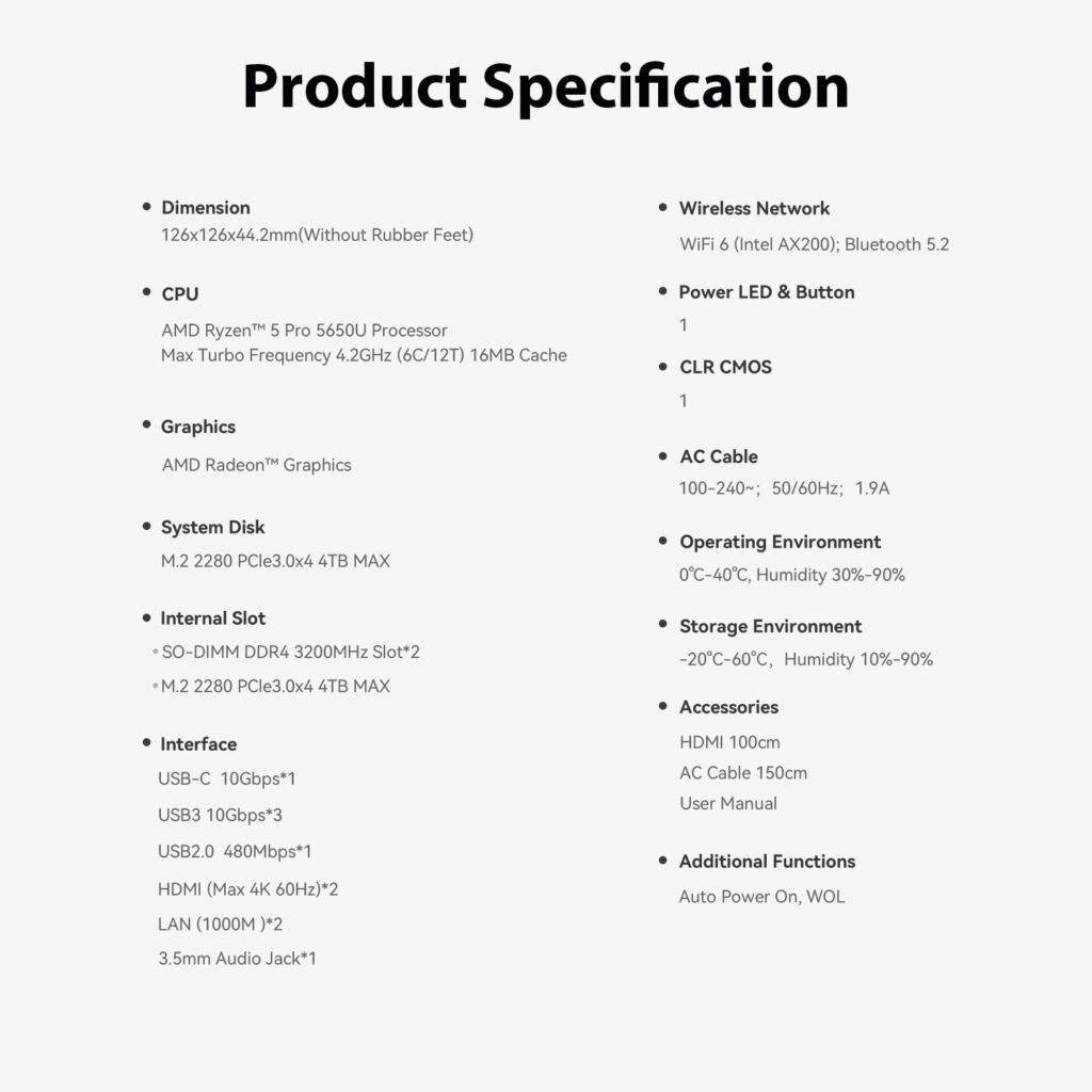 Beelink EQR5 6 A detailed product specification sheet listing dimensions, processor, memory, storage, connectivity, power requirements, operating environment, and included accessories.