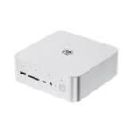 "A high-resolution product image of the Beelink GTi13 Ultra mini PC in a silver finish. The compact, square-shaped device features rounded edges and a minimalist design with the Beelink logo on top. The front panel includes multiple ports, such as a USB port, SD card slot, USB-C port, 3.5mm audio jack, and a fingerprint sensor. Small LED indicator lights are also visible on the front panel.