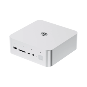 "A high-resolution product image of the Beelink GTi13 Ultra mini PC in a silver finish. The compact, square-shaped device features rounded edges and a minimalist design with the Beelink logo on top. The front panel includes multiple ports, such as a USB port, SD card slot, USB-C port, 3.5mm audio jack, and a fingerprint sensor. Small LED indicator lights are also visible on the front panel.