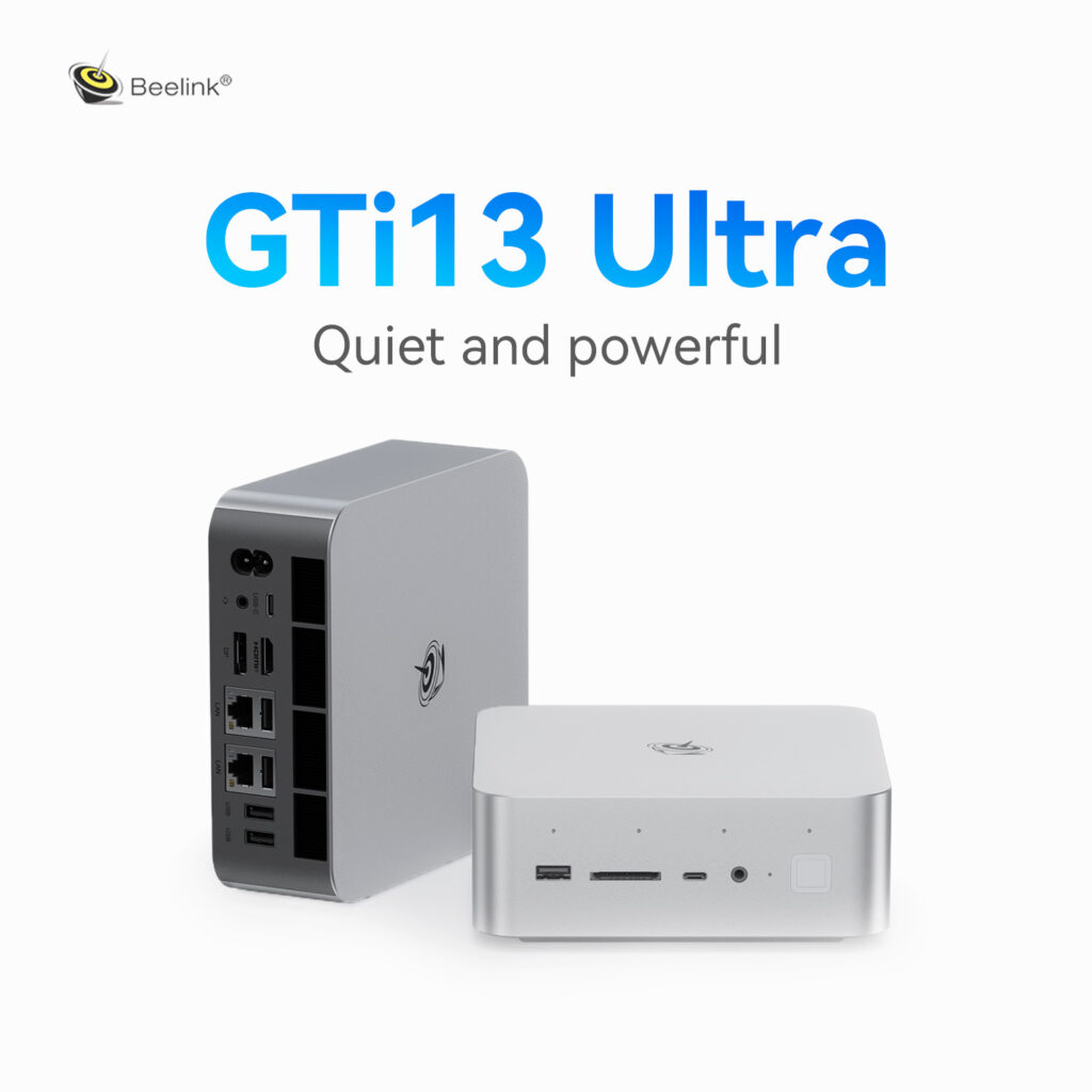 Beelink GTi13 1 A promotional image for the Beelink GTi13 Ultra mini PC. The device is displayed in two angles: front and rear. The silver-colored compact PC features multiple ports, including USB, Ethernet, and audio jacks. The text highlights the product name ‘GTi13 Ultra’ in bold blue font with the tagline ‘Quiet and powerful’ beneath it. The Beelink logo is positioned in the top left corner.