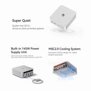 A promotional image emphasizing the silent operation of the Beelink GTi13 Ultra, claiming it is quieter than SEi14 and nearly as silent as fanless systems. It also highlights the built-in 145W power supply for stable performance and the MSC2.0 cooling system, which ensures reliable airflow. The image includes a floating mini PC, a rear view with a power cable connected, and a thermal airflow diagram.