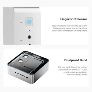 An infographic showcasing two features of the Beelink GTi13 Ultra: a fingerprint sensor for secure logins and file encryption, and a dustproof build with a mesh filter at the bottom to prevent dust accumulation. The image includes a close-up of the fingerprint sensor and an internal view of the bottom panel with mesh protection.