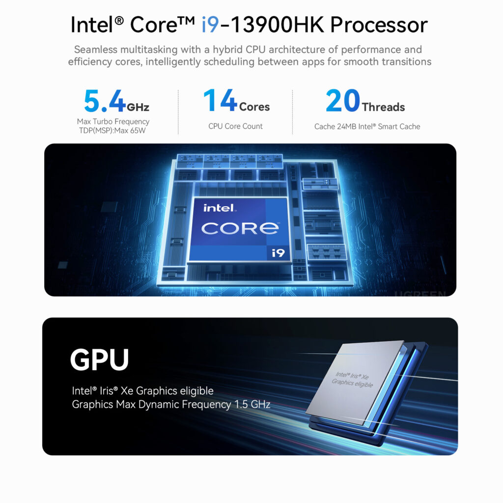 Beelink GTi13 2 A specifications infographic highlighting the Intel Core i9-13900HK processor in the Beelink GTi13 Ultra. The processor features a 5.4GHz max turbo frequency, 14+ cores, and 20 threads with a 24MB Intel Smart Cache. The image also showcases the Intel Iris Xe integrated graphics with a max dynamic frequency of 1.5GHz. The background includes a glowing digital representation of the Intel Core i9 chip.