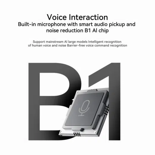 A feature highlight for the Beelink GTi13 Ultra, emphasizing its built-in microphone with AI-enhanced smart audio pickup and noise reduction using the B1 AI chip. The image features a large ‘B1’ text with a visual of a processor chip engraved with a microphone icon.