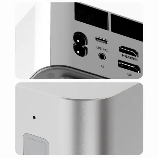 A close-up image showcasing the rear and front panel ports of the Beelink GTi13 Ultra. The top section highlights the power input, USB-C, HDMI, DisplayPort, and ventilation grilles, while the bottom section focuses on the device's curved edge design and build quality.