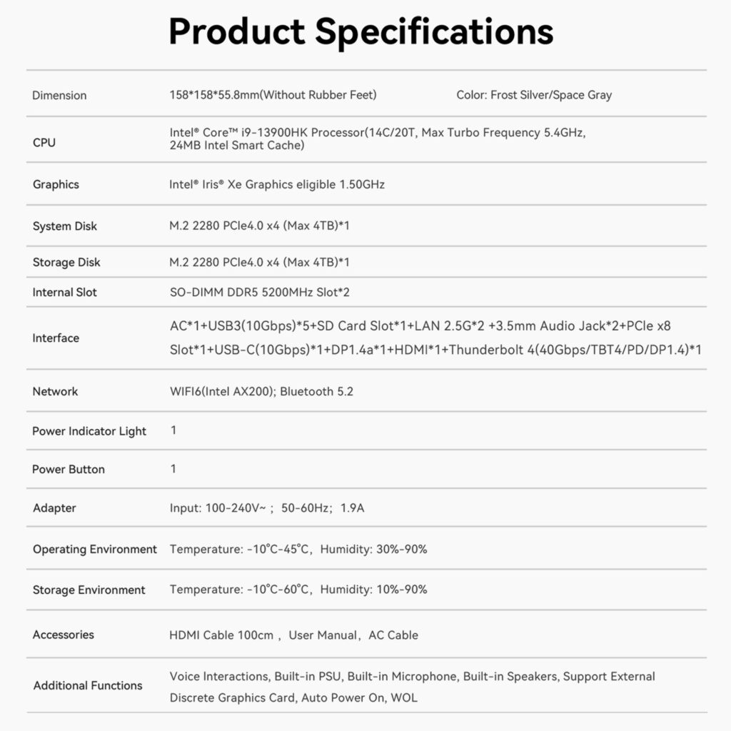 Beelink GTi13 4 "A product specifications table for the Beelink GTi13 Ultra mini PC. The table lists key details including dimensions (15815855.8mm), available colors (Frost Silver/Space Gray), and hardware components. It features an Intel Core i9-13900HK processor with 14 cores and 20 threads, a max turbo frequency of 5.4GHz, and 24MB Intel Smart Cache. Graphics are handled by Intel Iris Xe with a 1.50GHz max dynamic frequency. Storage options include dual M.2 2280 PCIe 4.0 x4 slots supporting up to 4TB each. Memory expansion supports SO-DIMM DDR5 5200MHz modules. Connectivity options include USB 3.0 ports, SD card slot, dual LAN (2.5G), Thunderbolt 4, HDMI, DisplayPort, and USB-C. The device supports Wi-Fi 6 (Intel AX200) and Bluetooth 5.2. Additional features include built-in PSU, microphone, speakers, support for an external discrete GPU, and auto power-on functions. The package includes an HDMI cable, user manual, and AC cable.