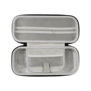 Interior view of the AYN Odin 2 and Portal carrying case, showcasing a soft, protective lining with mesh pockets and a zipper compartment for storing accessories.