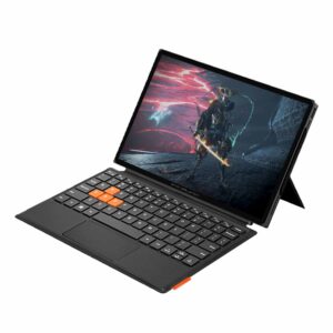ONEXPLAYER X1 PRO gaming handheld in laptop mode with an attached keyboard, displaying a futuristic warrior in a game. The device has a kickstand for support.