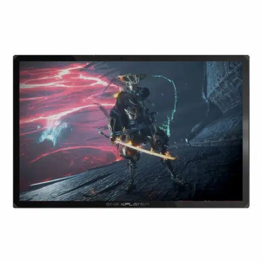 ONEXPLAYER X1 PRO in tablet mode, showing a game with a futuristic armored warrior against a sci-fi backdrop