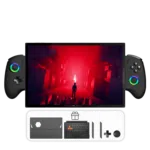 ONEXPLAYER X1 PRO gaming handheld with detachable controllers, displaying a game with a red-lit scene. Below the device, additional accessories are shown, including a protective case, keyboard and extra gaming buttons, indicating included freebies