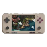 AYANEO-POCKET-ACE-RETRO-LISTING-IMAGE-DONE-1 1 The AYANEO Pocket ACE handheld console in a "Retro" colorway, featuring a classic beige/tan body. The face buttons are a deep purple, nodding to vintage console designs. It has black joysticks and a black D-pad. The top edge shows subtle olive green accents. The screen displays a colorful overhead view of a pixel-art tropical island with a dragon statue.