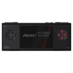 A black Ayaneo Pocket Micro handheld gaming console with a black screen displaying "AYANEO POCKET MICRO Classic" in white and red text. The console has a black D-pad on the left and four red action buttons on the right.