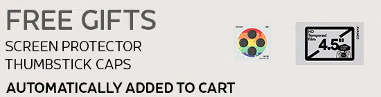 Promotional banner for free gifts including a screen protector, thumbstick caps, and a grip. The text states they are "Automatically added to cart."