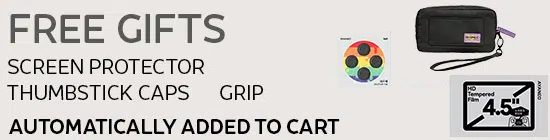 Promotional banner for free gifts including a screen protector, thumbstick caps, and a grip. The text states they are "Automatically added to cart."