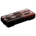 Front angled view of the AYANEO AG01 Starship Graphics Dock, showcasing its red metallic finish, futuristic heat vent design, and large circular LED fan.