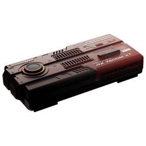 Front angled view of the AYANEO AG01 Starship Graphics Dock, showcasing its red metallic finish, futuristic heat vent design, and large circular LED fan.