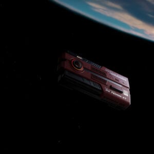 Rendered scene of the AYANEO AG01 floating in space above Earth, emphasizing its "Starship" theme and sci-fi design aesthetic.