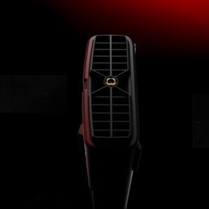 Rear exhaust port of the AYANEO AG01 Graphics Dock with a central screw mount, set against a dramatic red and black background.