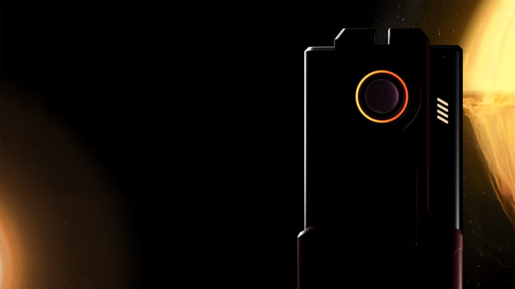 Dark sci-fi-themed promotional image of the AYANEO AG01, showing the top fan ring glowing orange and the silhouette of the device partially lit, suggesting a space-bound visual.