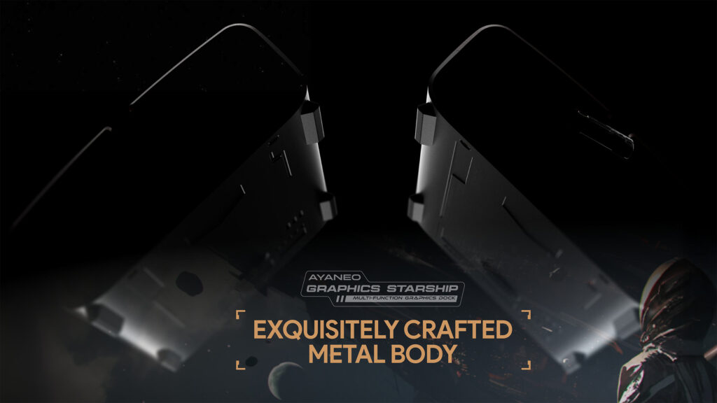 AYANEO AG01 Starship Graphics Dock 4 Dramatic visual of the AYANEO AG01’s dual metallic chassis pieces mid-separation, emphasizing its finely crafted metal body against a starry space background.