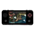 A handheld gaming console, the AYANEO Pocket ACE, in a sleek matte black finish. It features a landscape design with a large center screen displaying a vibrant pixel-art fantasy game. The controls include a black D-pad and joystick on the left, and four striking red face buttons (X, Y, A, B) with a second joystick on the right. The device is set against a solid black background.