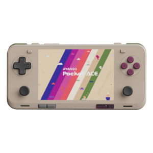 Front-facing view of the AYANEO Pocket ACE in retro beige with purple buttons, showing a pixel-themed version of the Pocket ACE logo on colorful stripes.