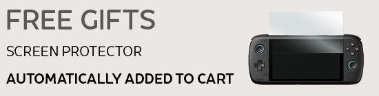 Free gifts promotion showing a protective case and screen protector for a handheld gaming device. Text states that the gifts are automatically added to the cart.