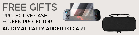 Free gifts promotion showing a protective case and screen protector for a handheld gaming device. Text states that the gifts are automatically added to the cart.