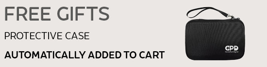 Free gifts promotion showing a protective case for a handheld gaming device. Text states that the gifts are automatically added to the cart.