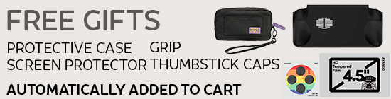 A promotional banner for "FREE GIFTS" that are "AUTOMATICALLY ADDED TO CART" for a handheld gaming console. The text is in a large, dark grey font on a light grey background. The image displays a grid of product accessories with text labels: "PROTECTIVE CASE", "GRIP", "SCREEN PROTECTOR", and "THUMBSTICK CAPS".