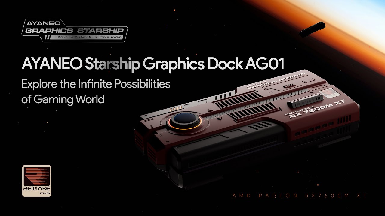 Promotional banner for the AYANEO Starship Graphics Dock AG01 with the tagline "Explore the Infinite Possibilities of Gaming World", showcasing the device hovering near Earth’s atmosphere.