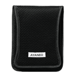 A black, rectangular protective case with a mesh-like texture covers the entire surface. A white label with "AYANEO" in black text is centered near the bottom of the case. The case appears to be closed and is presented against a plain, light gray background.