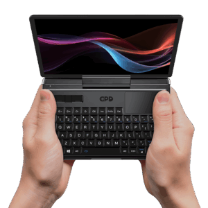The GPD MicroPC 2 being held in both hands, showcasing its compact 7-inch touchscreen, rugged industrial design, and thumb-typing-friendly keyboard for IT professionals and field engineers