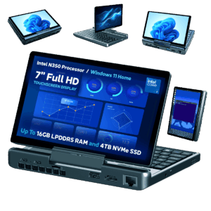 A promotional image showcasing the versatile display modes of the GPD MicroPC 2. A central image shows the device open in laptop mode, with a detailed dashboard on its screen. Around it, smaller versions of the device are shown in different orientations: in tablet mode, inverted V-shape, and portrait mode. Bullet points at the bottom highlight key features like the processor, screen size, and storage capacity. The background is a solid dark green.