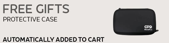 A promotional banner for "FREE GIFTS" that are "AUTOMATICALLY ADDED TO CART". The text is in a large, dark grey font on a light grey background. A "PROTECTIVE CASE" is listed below the main heading. To the right of the text is a black hard-shell carrying case with a white "GPD MicroPC 2" logo on the lower right corner.