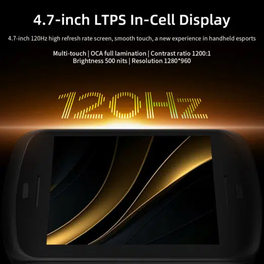 A black handheld gaming device showcases its display. Large text at the top reads "4.7-inch LTPS In-Cell Display," with supporting details like "4.7-inch 120Hz high refresh rate screen, smooth touch, a new experience in handheld esports." Further specifications are listed: "Multi-touch," "OCA full lamination," "Contrast ratio 1200:1," "Brightness 500 nits," and "Resolution 1280*960." The number "120Hz" is prominently displayed in a gold, glowing font.