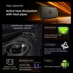 An infographic detailing various features of a black handheld gaming device. Sections highlight: "High-speed fan Active heat dissipation with heat pipes" with an image of the device's back; "Interference-resistant capacitive joystick" with a close-up of a black joystick; "5000mAh large battery," "6 hours battery life, fully charged in 3 hours," "Six-axis gyroscope" for "Precise direction control," "High-fidelity stereo speakers," "Vibration motor Triple immersion sound experience," "Headphone jack 3.5mm," "Supports TF card expansion, up to 2TB," and "Android 13 FOTA wireless upgrades" with an Android robot icon.