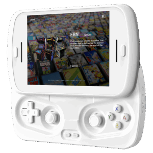 A white RG SLIDE handheld gaming device is shown with its screen slid up to reveal the game controls. The screen displays a game selection interface featuring "FBN (2000)" and a background composed of numerous classic game cartridge covers. The controller section has a white D-pad and analog sticks, with colored ABXY buttons.