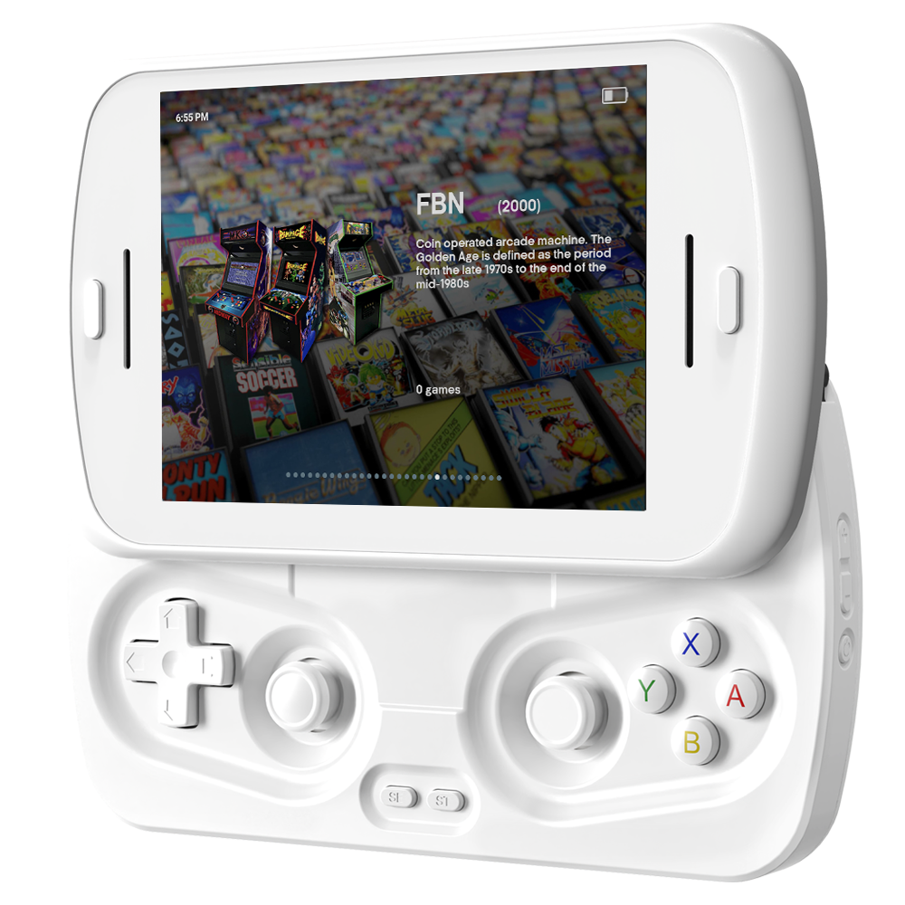 A white RG SLIDE handheld gaming device is shown with its screen slid up to reveal the game controls. The screen displays a game selection interface featuring "FBN (2000)" and a background composed of numerous classic game cartridge covers. The controller section has a white D-pad and analog sticks, with colored ABXY buttons.