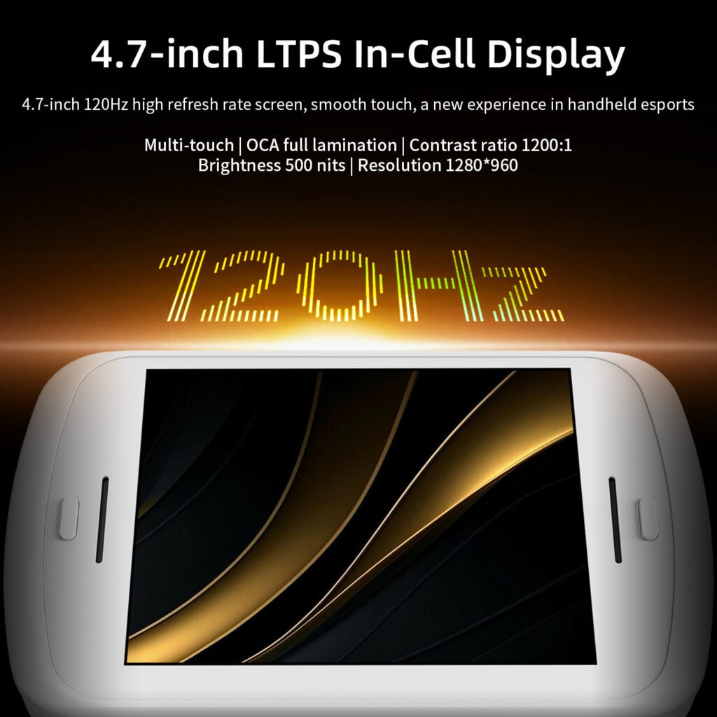 ANBERNIC RG SLIDE 2 A white handheld gaming device showcases its display. Large text at the top reads "4.7-inch LTPS In-Cell Display," with supporting details like "4.7-inch 120Hz high refresh rate screen, smooth touch, a new experience in handheld esports." Further specifications are listed: "Multi-touch," "OCA full lamination," "Contrast ratio 1200:1," "Brightness 500 nits," and "Resolution 1280*960." The number "120Hz" is prominently displayed in a gold, glowing font.