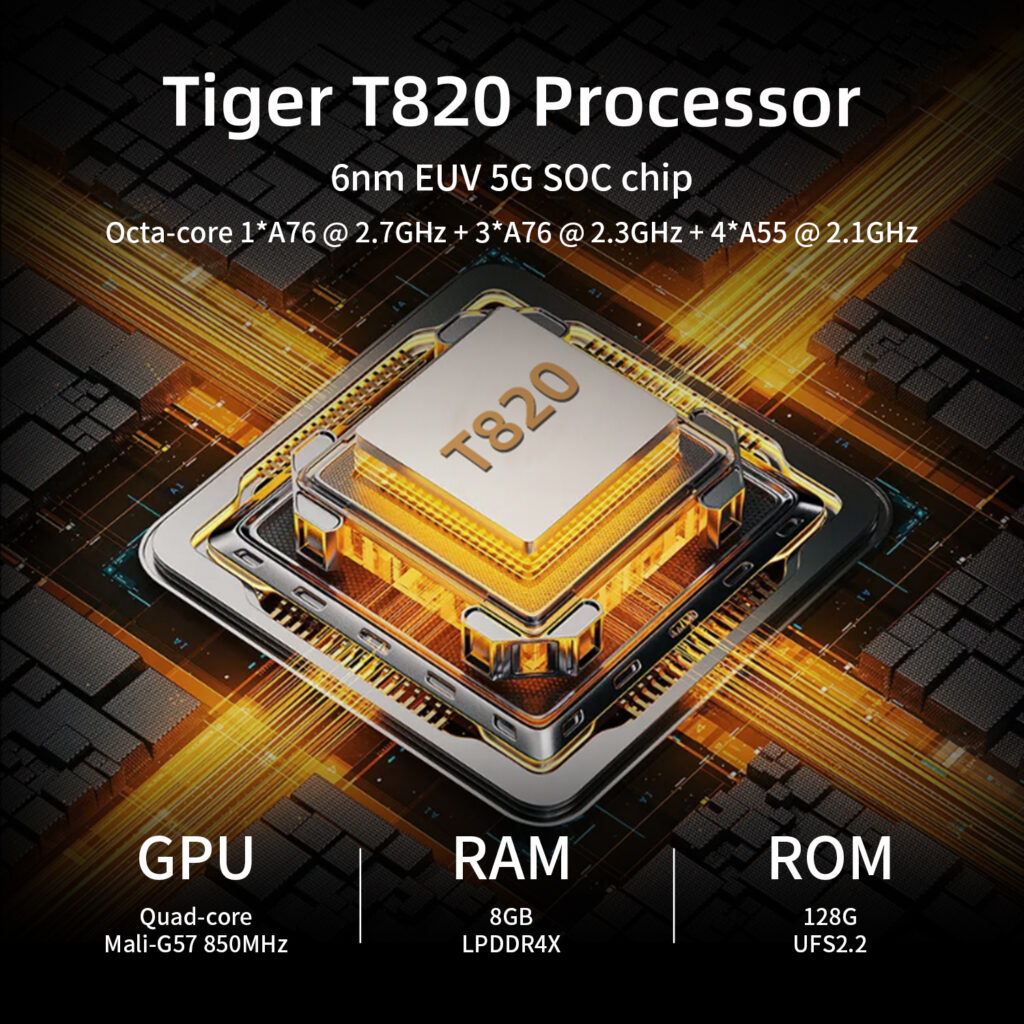 ANBERNIC RG SLIDE 3 A graphic highlighting the "Tiger T820 Processor." The central image shows a gleaming gold-colored processor chip with "T820" on it, surrounded by glowing circuit lines, against a dark background. Text explains it's a "6nm EUV 5G SOC chip" with an "Octa-core" configuration. Below, key specifications are listed: "GPU Quad-core Mali-G57 850MHz," "RAM 8GB LPDDR4X," and "ROM 128G UFS2.2."